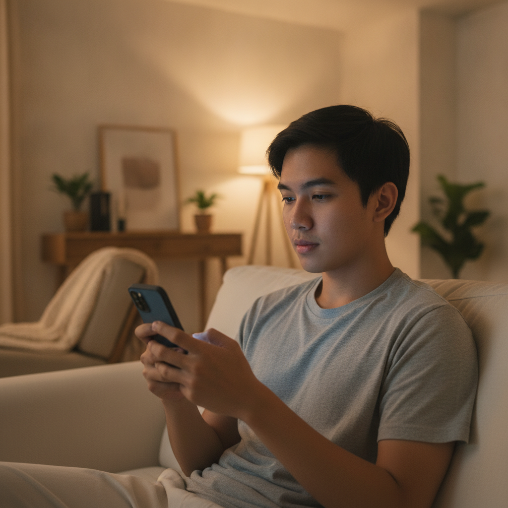 Filipino mobile user researching Vermillions Crimson casino registration guide on smartphone